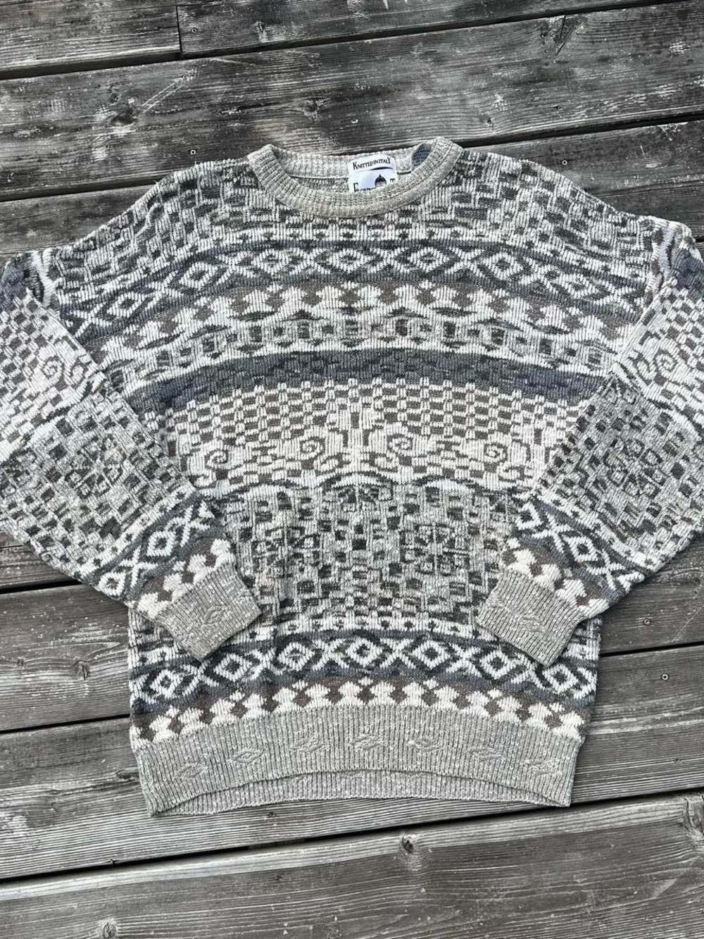 Vintage Florence Tricot Geo-Pattern Crewneck Sweater - Gray & Cream